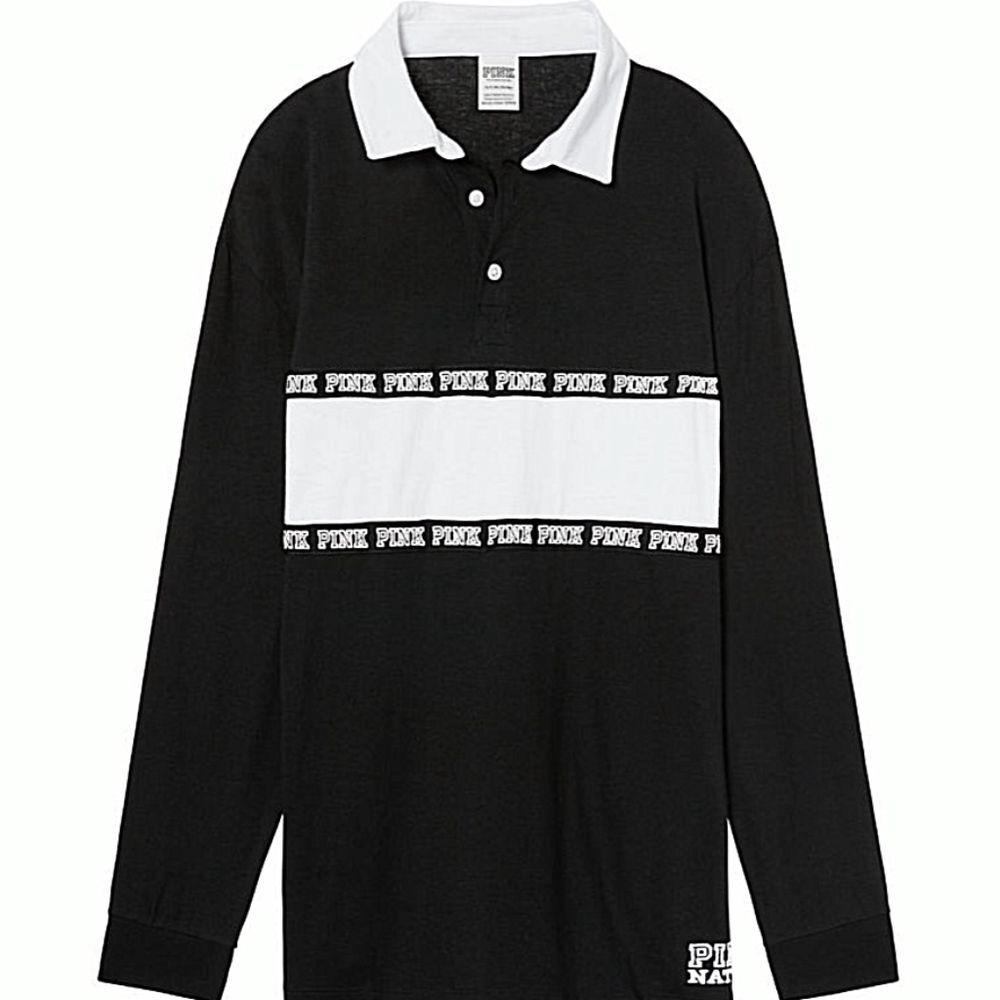 Victoria's Secret Pink Black Rugby Polo Long Sleeve Lounge Cotton Top T-Shirt S